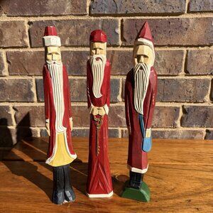 Lot Of 3 Pencil Santa Claus Hand Carved Wooden Christmas Figurine 12”